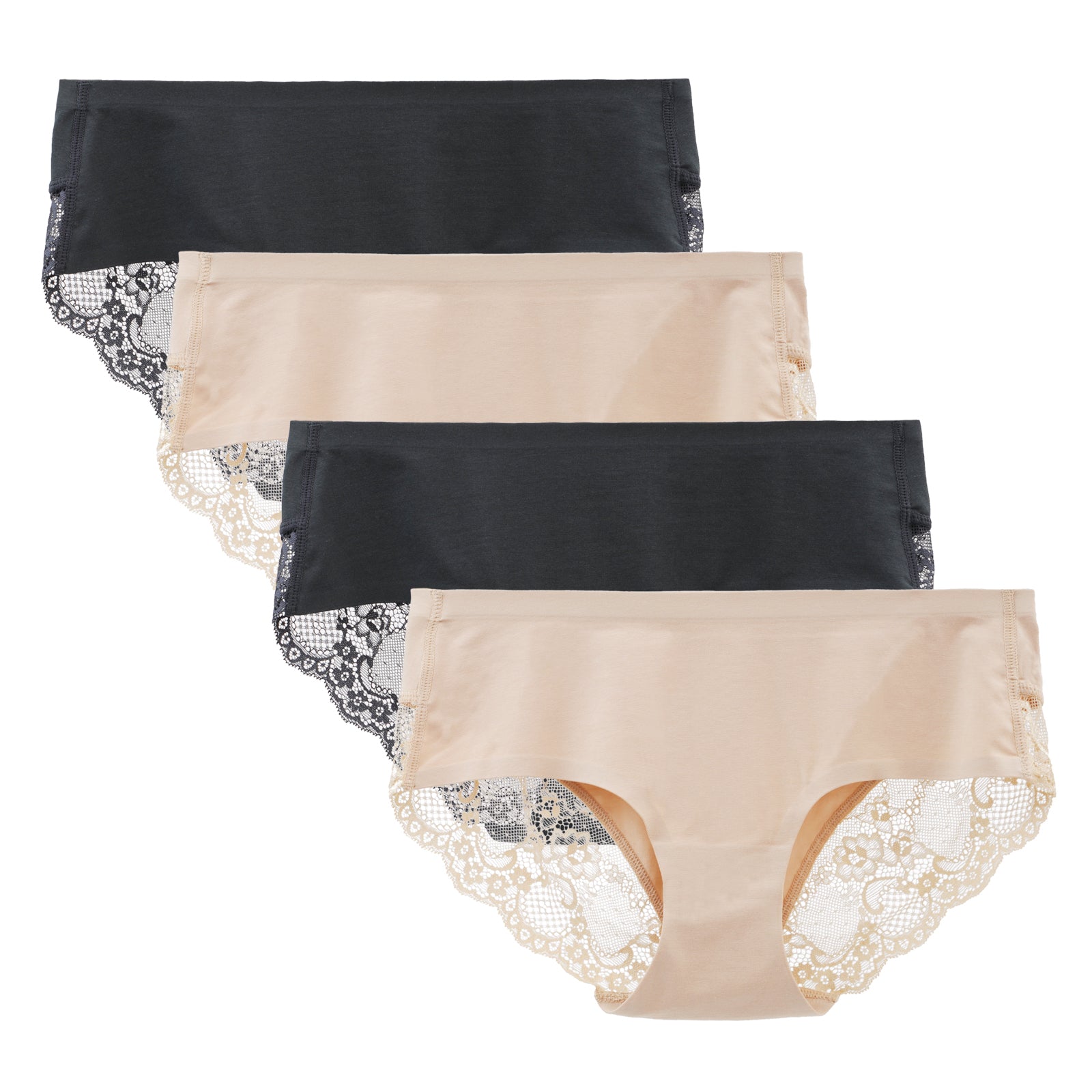 LIQQY Women's 4 Pack Combed Cotton Lace Full Coverage High Rise Brief