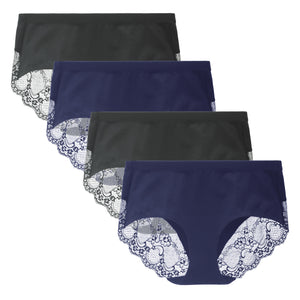 LIQQY Women's 4 Pack Combed Cotton Lace Full Coverage High Rise Brief Panty Underwear