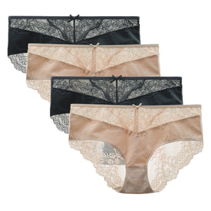 LIQQY Women's 4 Pack Cotton Invisible Lace Back Coverage Hipsters Underwear