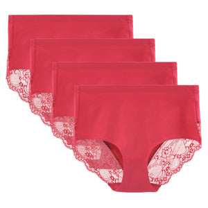 LIQQY Women's 4 Pack Combed Cotton Lace Full Coverage High Rise Brief Panty Underwear