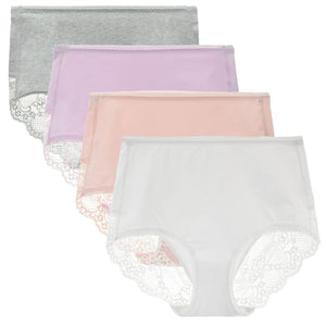 LIQQY Women's 4 Pack Comfort Cotton Lace Coverage Full Rise Briefs Underwear