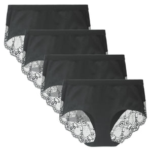 LIQQY Women's 4 Pack Combed Cotton Lace Full Coverage High Rise Brief Panty Underwear