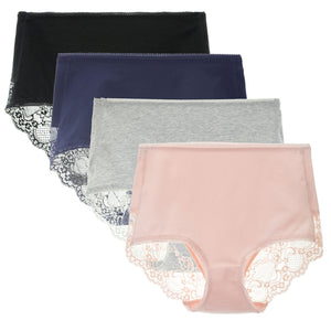 LIQQY Women's 4 Pack Comfort Cotton Lace Coverage Full Rise Briefs Underwear