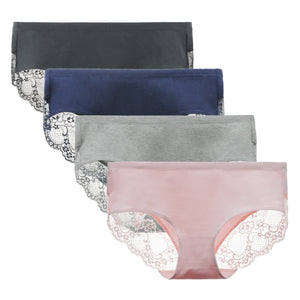 LIQQY Women's 4 Pack Mid Rise Cotton Lace Back Full Coverage Brief Panty Underwear