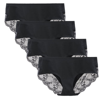 LIQQY Women's 4 Pack Cotton Lace Coverage Seamless Brief Hipster Panty Underwear