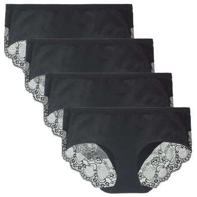 LIQQY Women's 4 Pack Mid Rise Cotton Lace Back Full Coverage Brief Panty Underwear