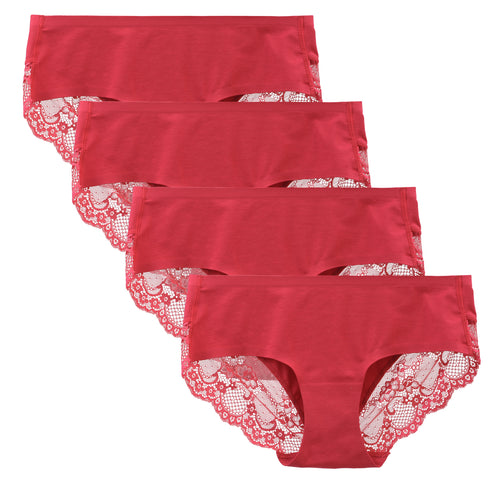LIQQY Women's 4 Pack Cotton Lace Coverage Seamless Brief Hipster Panty Underwear